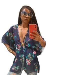 Francesca blue floral top shirt blouse swimsuit coverup